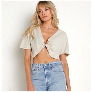 Joah Brown Twist Crop Cotton Tee In Fog Size S/M
